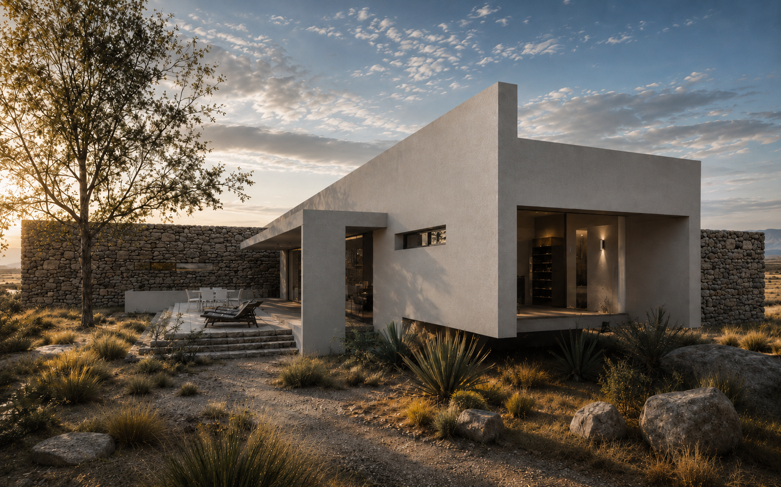 Contemporary residence with sculptural white walls and natural stone, set in a landscape at sunset
